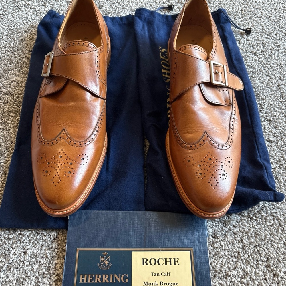 Herring Roche Monk Brogue Shoes Tan Calf 12F
